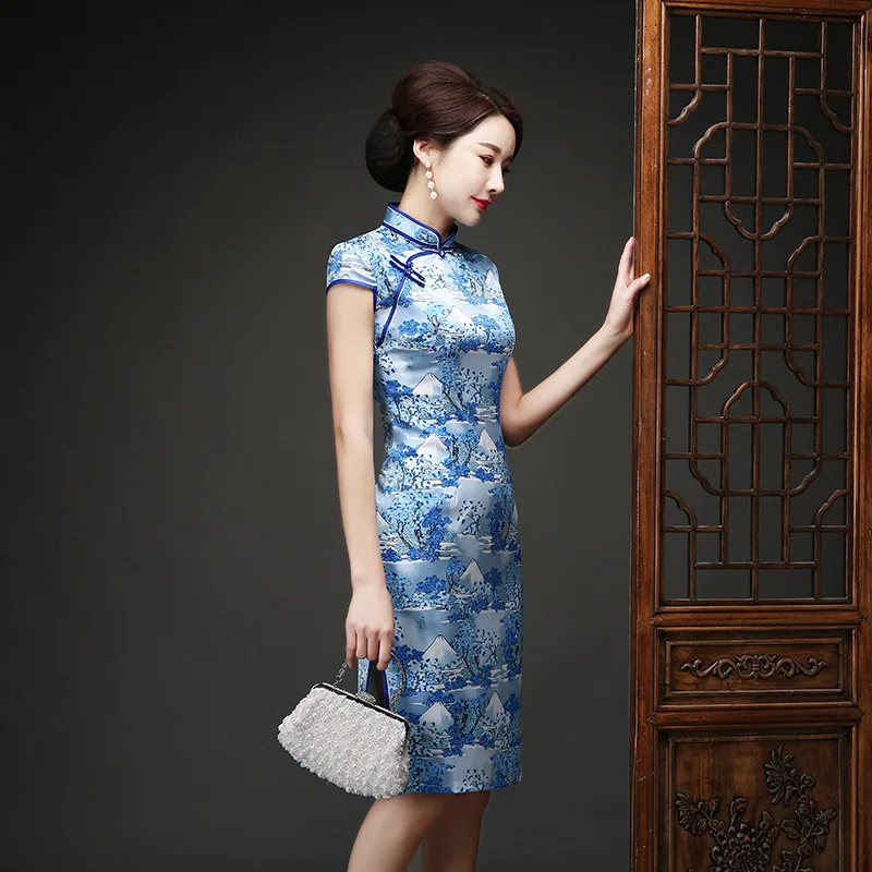Традиционное китайское платье Vestidos женские атласные Qipao Мини Cheongsam цветочный размер M-4XL
