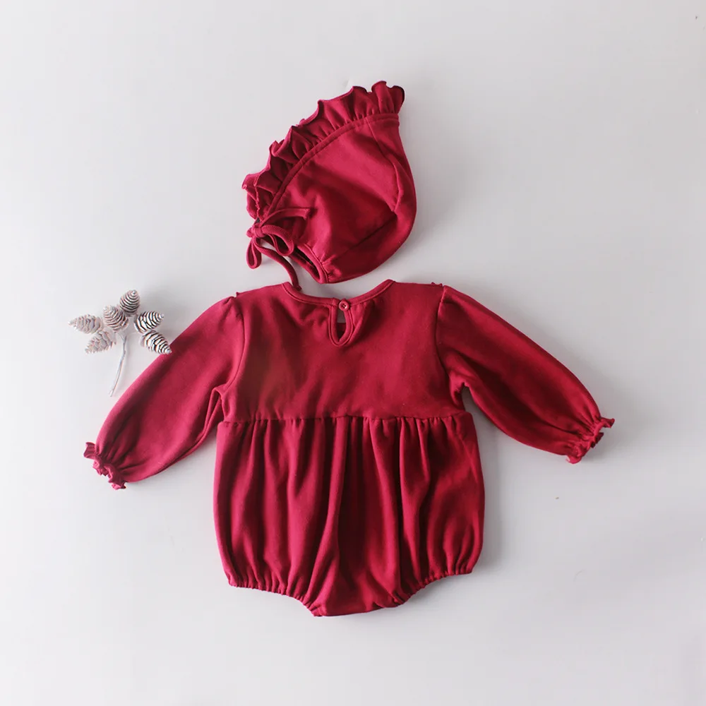 Боди для маленьких девочек на весну и осень, Хлопковое платье винно-красного цвета с длинными рукавами и треугольной шляпой, платье для альпинизма