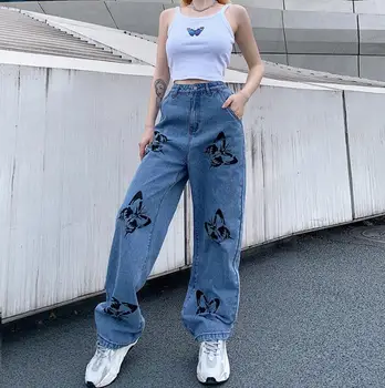 

Loose high waist pants butterfly printed straight-leg casual jeans women