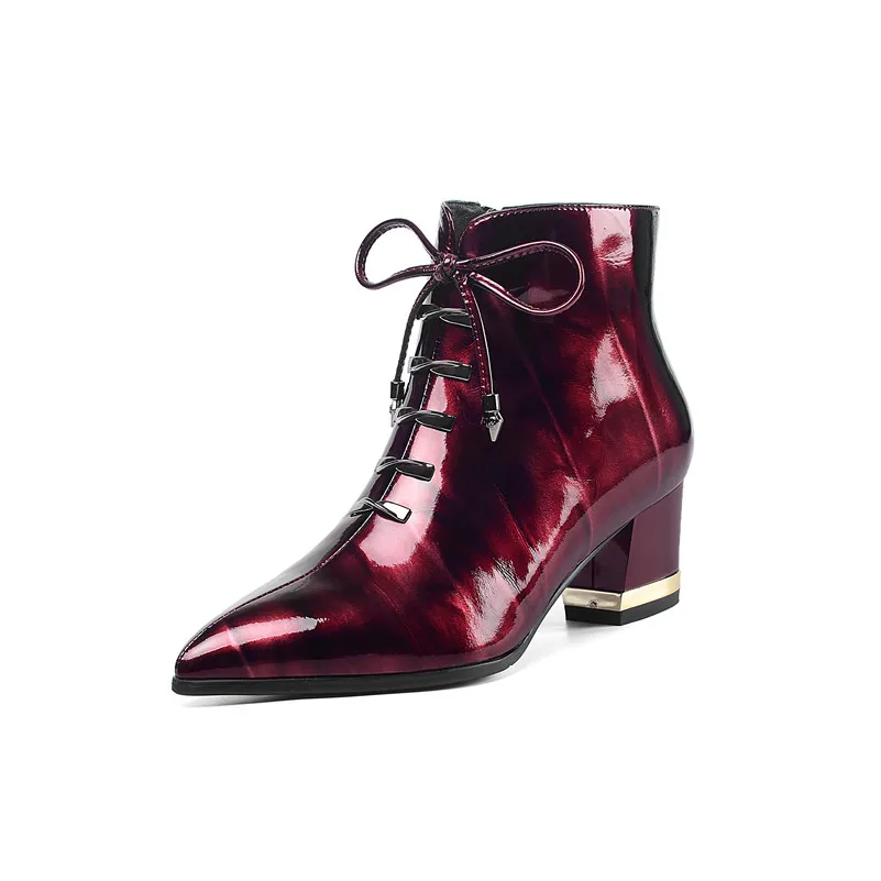 Wine Red Synthetic L ANNYMOLI Winter Ankle Boots Women Patent Leather Bow Square High Heels Short Boots Zipper Pointed Toe Shoes Female Fall Size 42 - Цвет: Wine Red Synthetic L