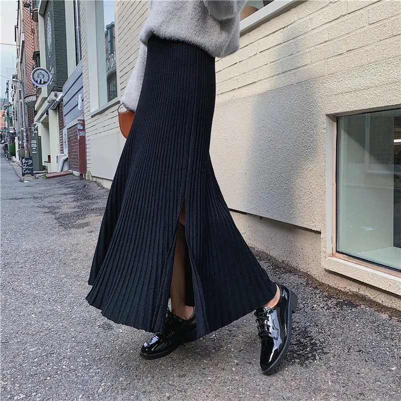 New Women's High Waist Long Winter Skirts High Waist Solid Color Split Pleated Skirt Female Knitted Warm Maxi Skirt Saia Faldas