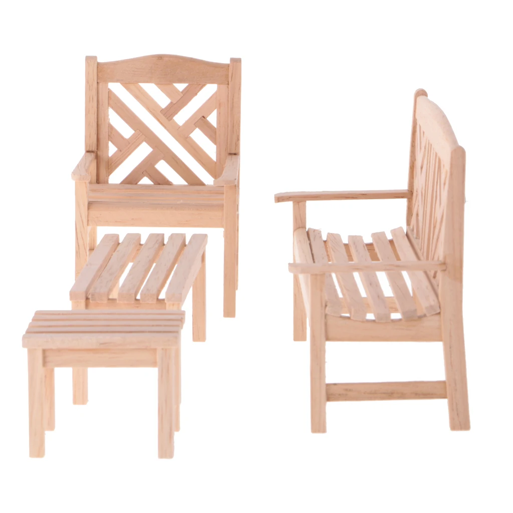 4 Pcs 1:12 Wooden Garden Furniture for Dollhouse Miniature Decor No Paint