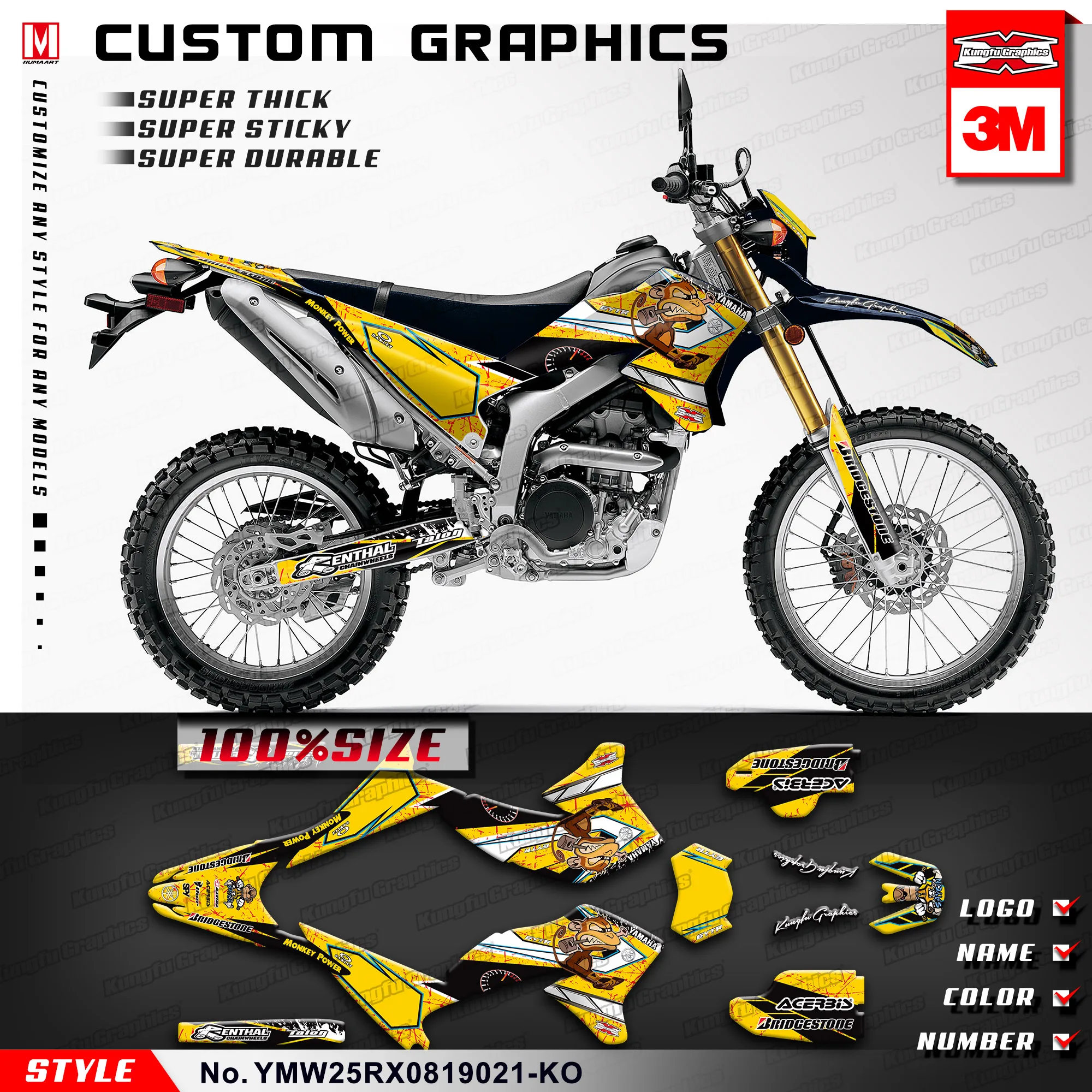 KUNGFU графика водонепроницаемый стикер виниловый комплект для Yamaha WR 250R 250X WR250R WR250X 2008- желтый(Стиль № YMW25RX0819021-KO