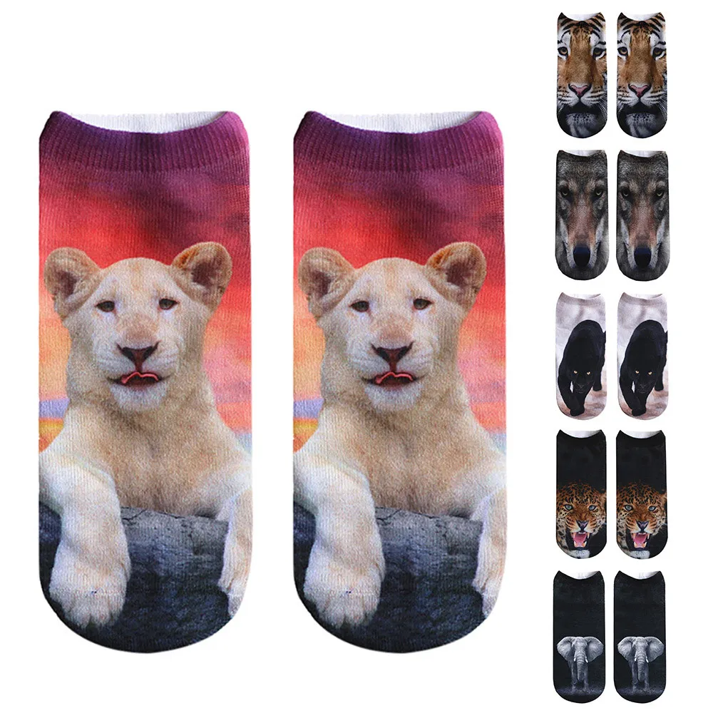 Популярные забавные короткие носки унисекс с 3D принтом тигра, Льва, носочки на лодыжке, повседневные носки