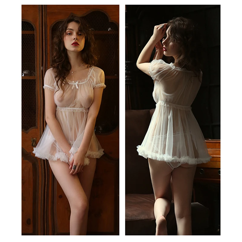 Woman Sexy Lingerie Nightdress Dress Underpants Gauze Off Shoulder Bowknot Perspective Exotic Set Couple Flirting Sexual 3 | Тематическая