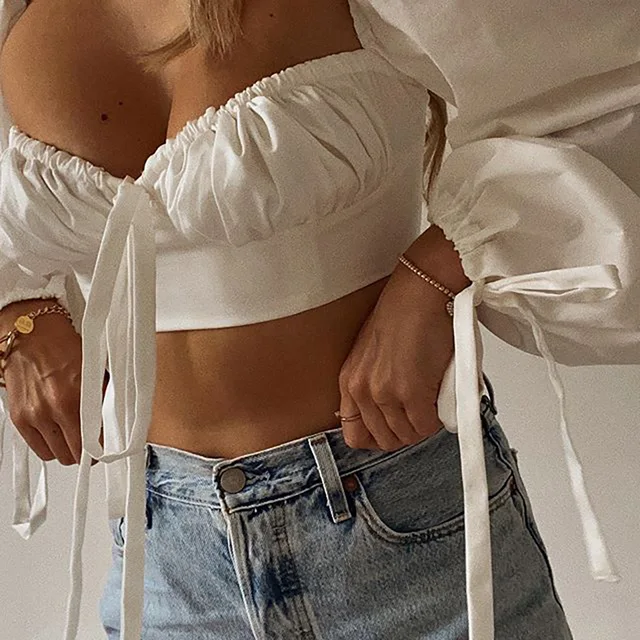 Cryptographic White Balloon Sleeve Elegant Women Top and Blouse Shirts Autumn 2021 Sexy Backless Crop Tops Solid Fashion Blusas 6
