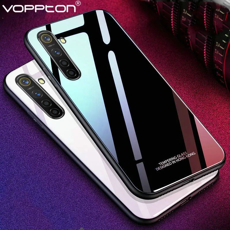 

Solid Color Tempered Glass Case For OPPO Realme X2 XT 5 Pro Q Phone Cover Silicone Frame Hard Glass Back Protective Case
