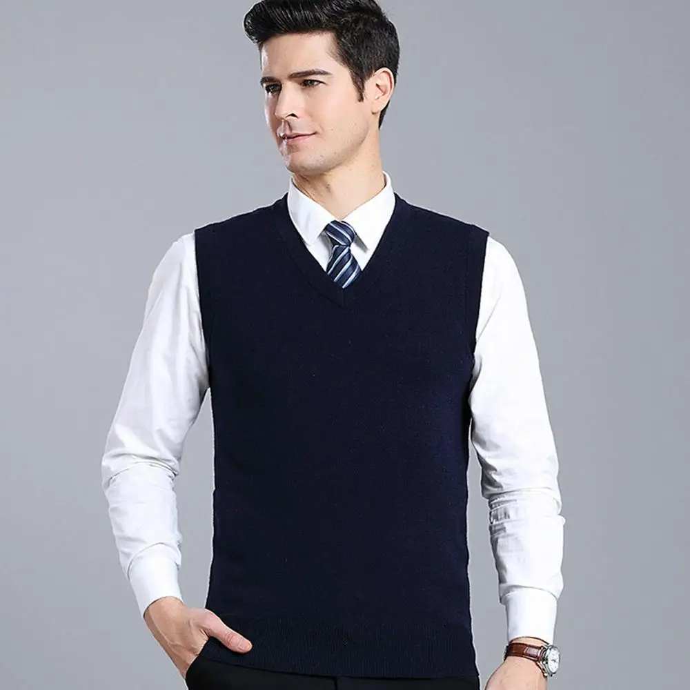 Men's 6.5% wool knit vest V-neck Korean version of the shoulder slim men's solid color sleeveless sweater | Мужская одежда