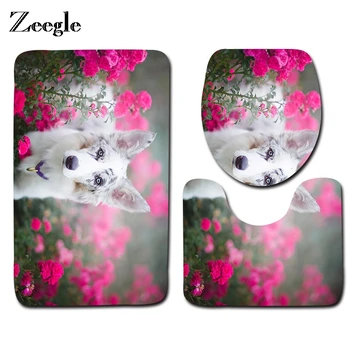 

Zeegle 3pcs Lovely Dog Painting Toilet Mat Anti-slip Bathroom Floor Rug Animal Front Foot Mat Floral Toilet Sale