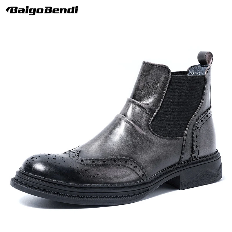Recommand! Classical Brogue Shoes Men Genuine Leather Relief Slip On Retro Boots Luxery Man Winter Shoes Hight End