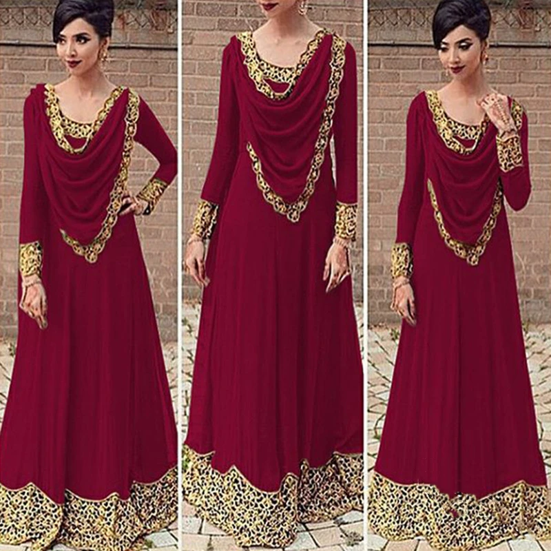 Lugentolo Women Dress Vintage Lace Plus Size Saudi Muslim New Long Sleeve Solid Color 5XL Splicing Hollow Maxi Princess Dresses