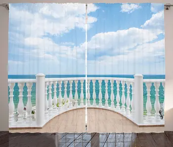 

White Window Curtains Ocean Sea Shoreline Sunny Day Balcony Clouds Clear Sky Image Living Room Decor Bedroom Brown Sky