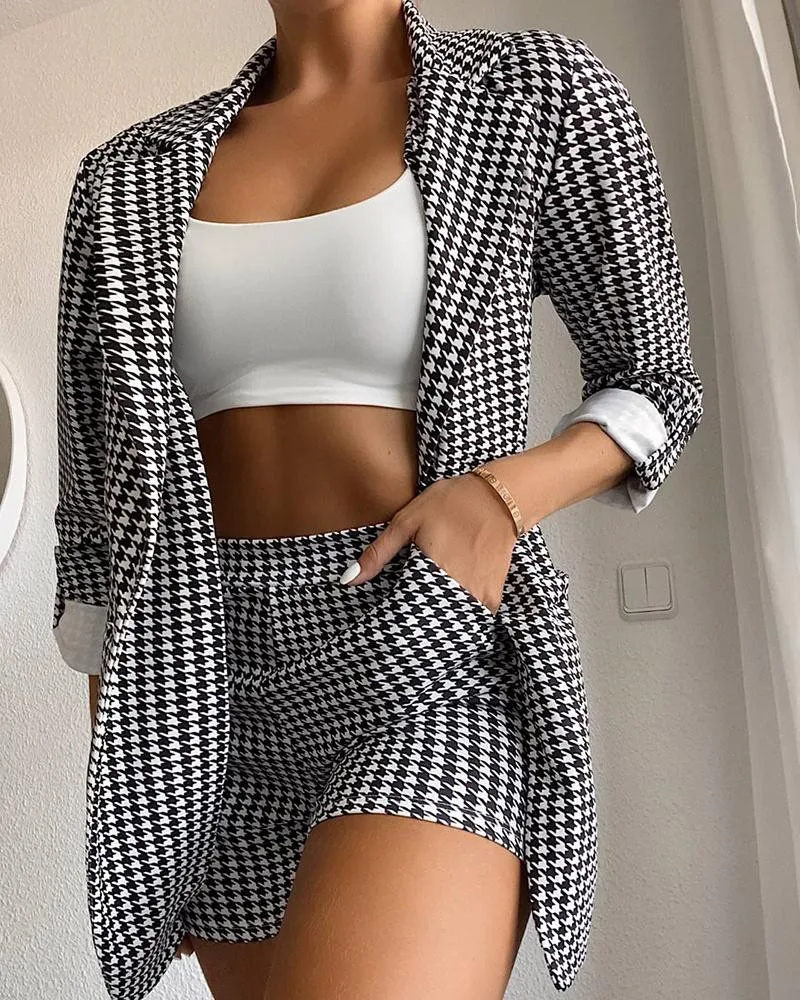 Women Grid Coats Suit Sets Workwear Houndstooth Print Elegant Blazer Tops & Pocket Shorts Set linen shorts