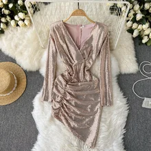 

2022 Sexy Party Dress V-neck Long Sleeve Irregular Mini Dress Vestidos Slim High Waist Ruched Dot Sequins Glitter Club Outfits