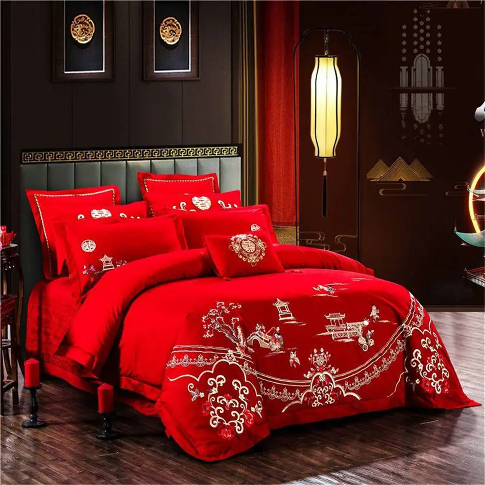 Высокое качество Постельное белье для пары queen king size комплект постельного белья 4/6 шт. из хлопка красного цвета мягкие свадебные Стёганое одеяло крышка набор