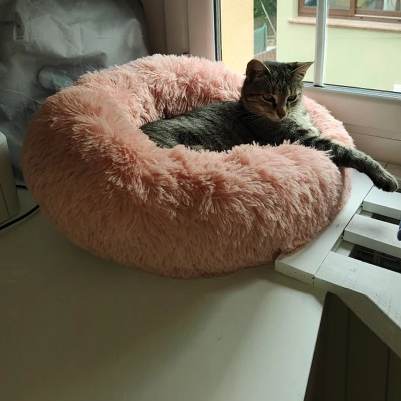  Round Plush Cat Bed House Soft Long Plush Cat Bed Round Pet Dog Bed For Small Dogs Cats Nest Winter