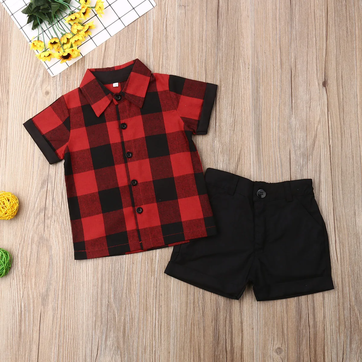 Комплект одежды для маленьких мальчиков 1-5 лет, 2 предмета, новая красная черная клетчатая рубашка для мальчиков, комплекты черные шорты Комплект для мальчиков, детские костюмы для малышей