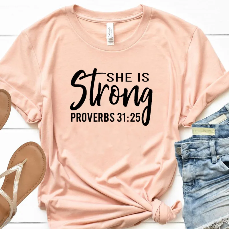peach pink She Is Strong, женские рубашки, христианские, Иисуса, библейские футболки, уличная одежда, хипстер размера плюс, футболка, хлопок, для девушек, Ulzzang, топы, Прямая поставка - Цвет: peach pink