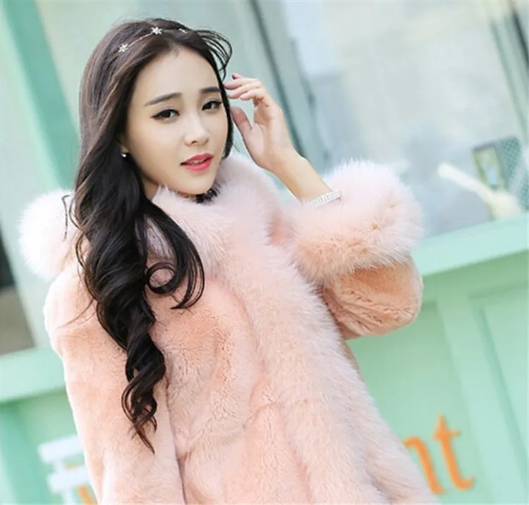 Осень и зима мех кролика рекс с капюшоном Корейская версия длинного пальто лисы женщина