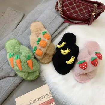

Hairy cotton slippers women wear cute tide strawberry carrot slippers outside home