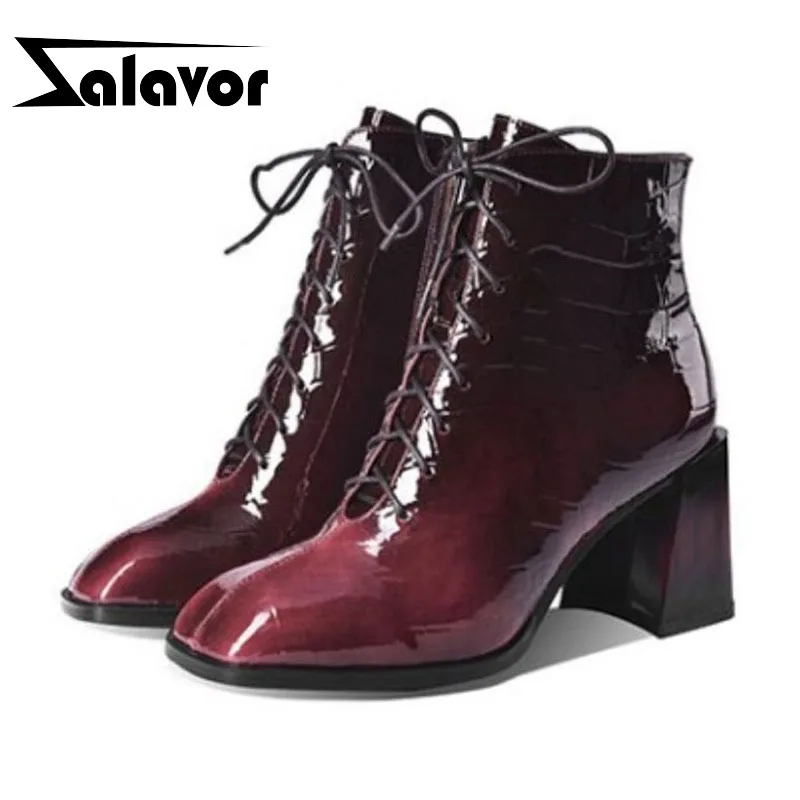 

ZALAVOR Cow Patent Leather Women Ankle Boots Square Toe Zipper High Heels Shoes Cross Strap Office Ladies Footwear Size 34-39
