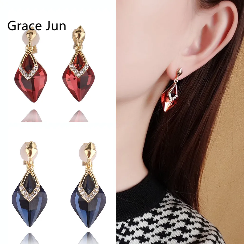 GRACE JUN Fashion Rhinestone Clip on Earrings Without Pierced for Women Girl Party Wedding Elegant Statement Ear Clip New