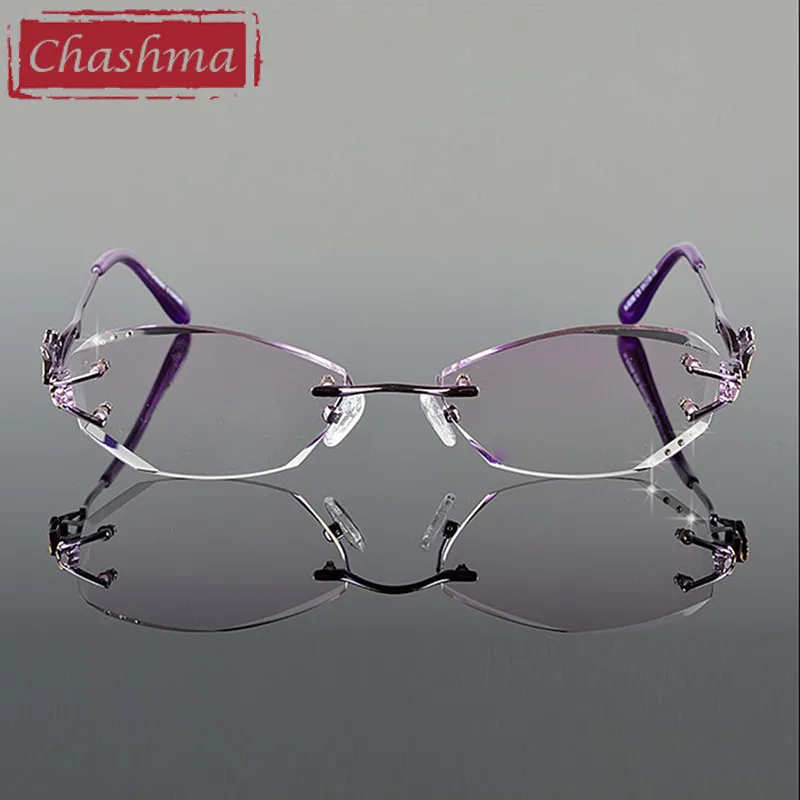 Women Myopia Reading Glasses with Diamond Cutting Rimless Titanium Frame