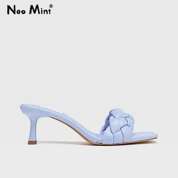 

Luxury Brand Designer 2020 Mules High Heels Shoes Woman Weave Leather Slippers INS Women Square Toe Women Sandals Mules Femme