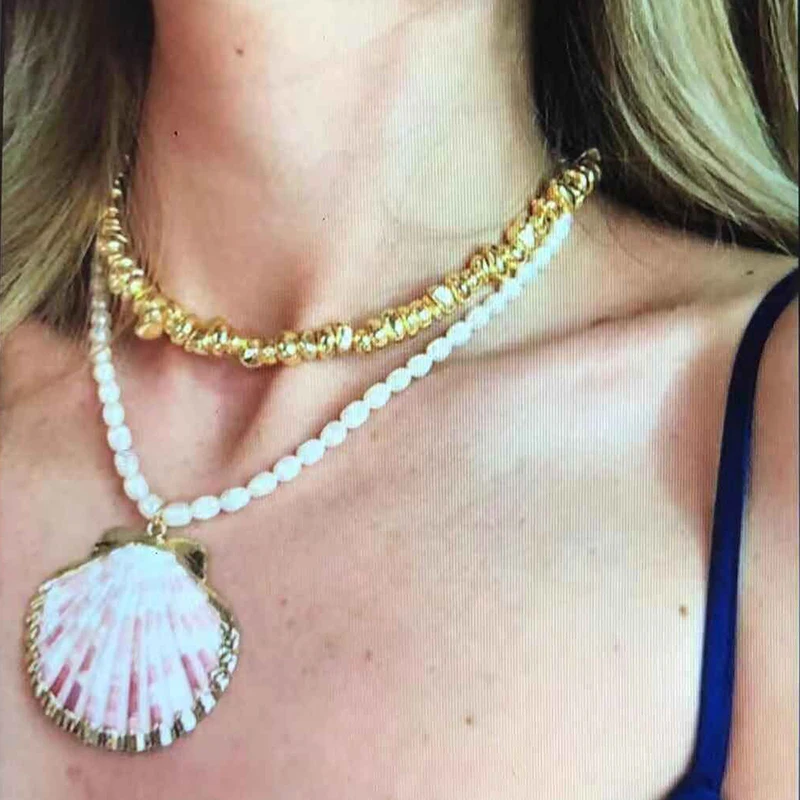

Lalynnly Bohemian Handmade Big Shell Beaded Chain Necklace Imitation Pearl Layered Necklaces Summer Jewelry Travel Gifts N70361