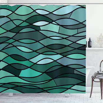 

Teal Shower Curtain, Abstract Mosaic Waves Ocean Inspired Expressionist Pattern Marine Design Image, Cloth Fabric Bathroom Decor