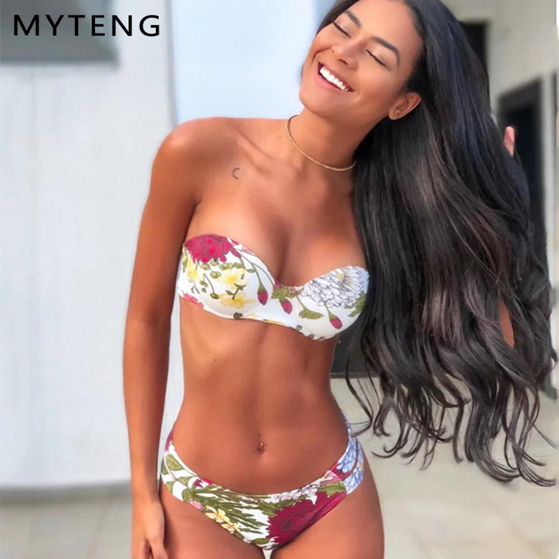 

Sexy Bandeau Bikini 2019 Floral Print Bikini Swimsuit Bandage Bathing Suit Women Push-Up Swimwear Biquini Low Waist Bikini Set