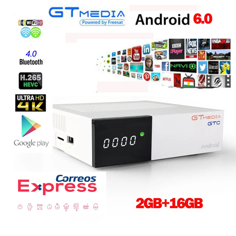 GTmedia GTC приемное устройство 6,0 Android ТВ коробка DVB-S2 DVB-C DVB-T2 Amlogic S905D 2 Гб оперативной памяти, 16 Гб встроенной памяти+ 1 год cccam спутниковый ТВ телевизор