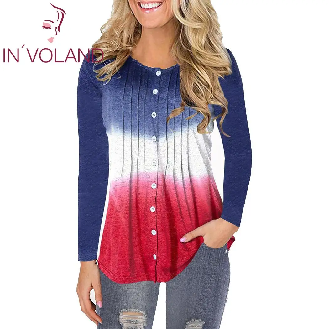 

Women Casual Long Sleeve Button T-shirt Autumn Regular Winter Patchwork O-Neck Loose Autumn, Tops