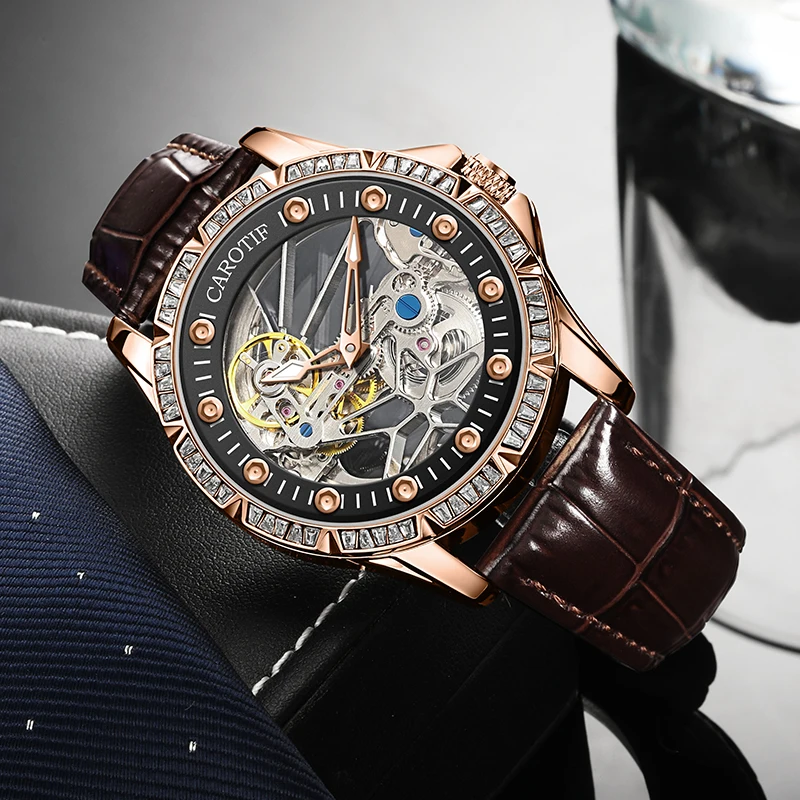 

Men Fashion Transparent Men's Watch Mechanical Wristwatch Skeleton Automatic Watch for Men Business Leather Strap Clock relogio