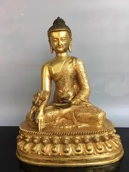 

11" Tibetan Buddhism Bronze Gilt Shakyamuni Statue The pharmacist Liuliguangrulai bhagavan Bhaisajya-guru-vaidUrya-prabha-rAjAya