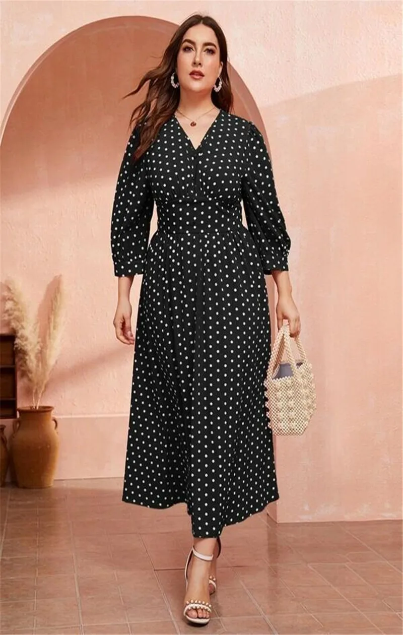 

2020 Spring Women Clothing European And American Style Loose V-Neck Fashion Chiffon Dress Plus Size Dot Ruffle Sleeve Dress