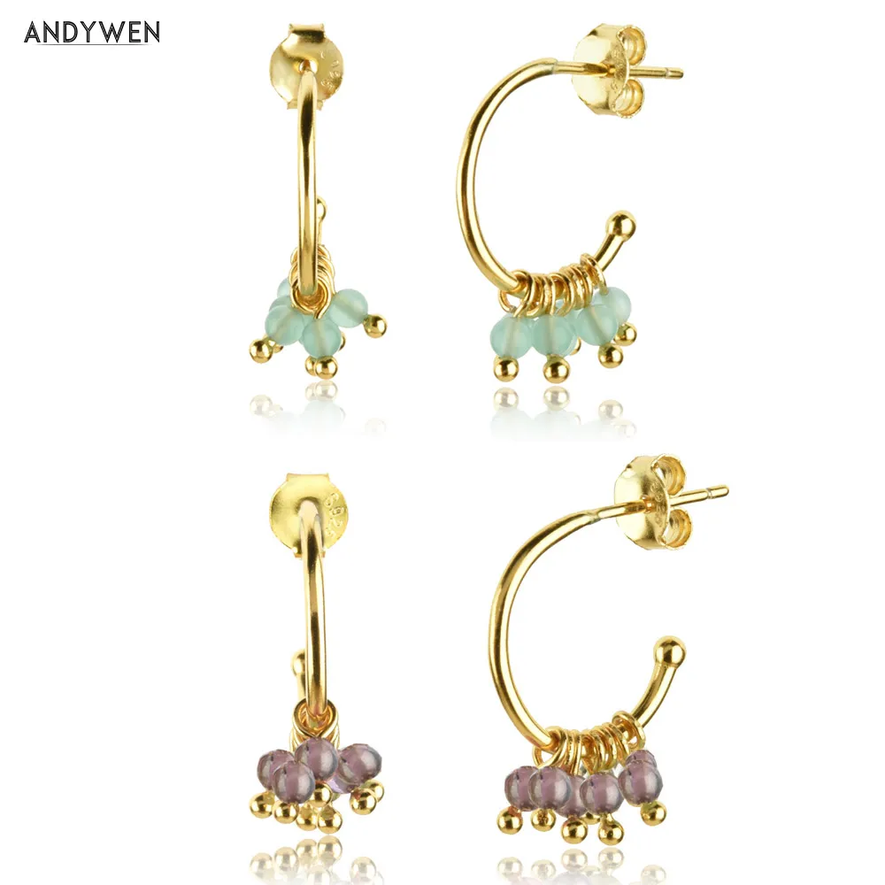 ANDYWEN 925 Sterling Silver Gold Green Purple Beads Charm Hoops Piercing Luxury Fashion Fine Jewelry 2020 Ohrringe Pendientes | Украшения и