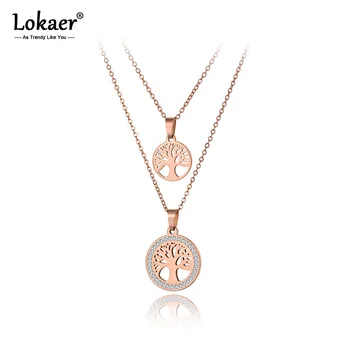 

Lokaer Trendy Bohemia Stainless Steel Double-layer CZ Crystal Tree Charm Choker Necklace Beach Pendant Necklace For Women N19215