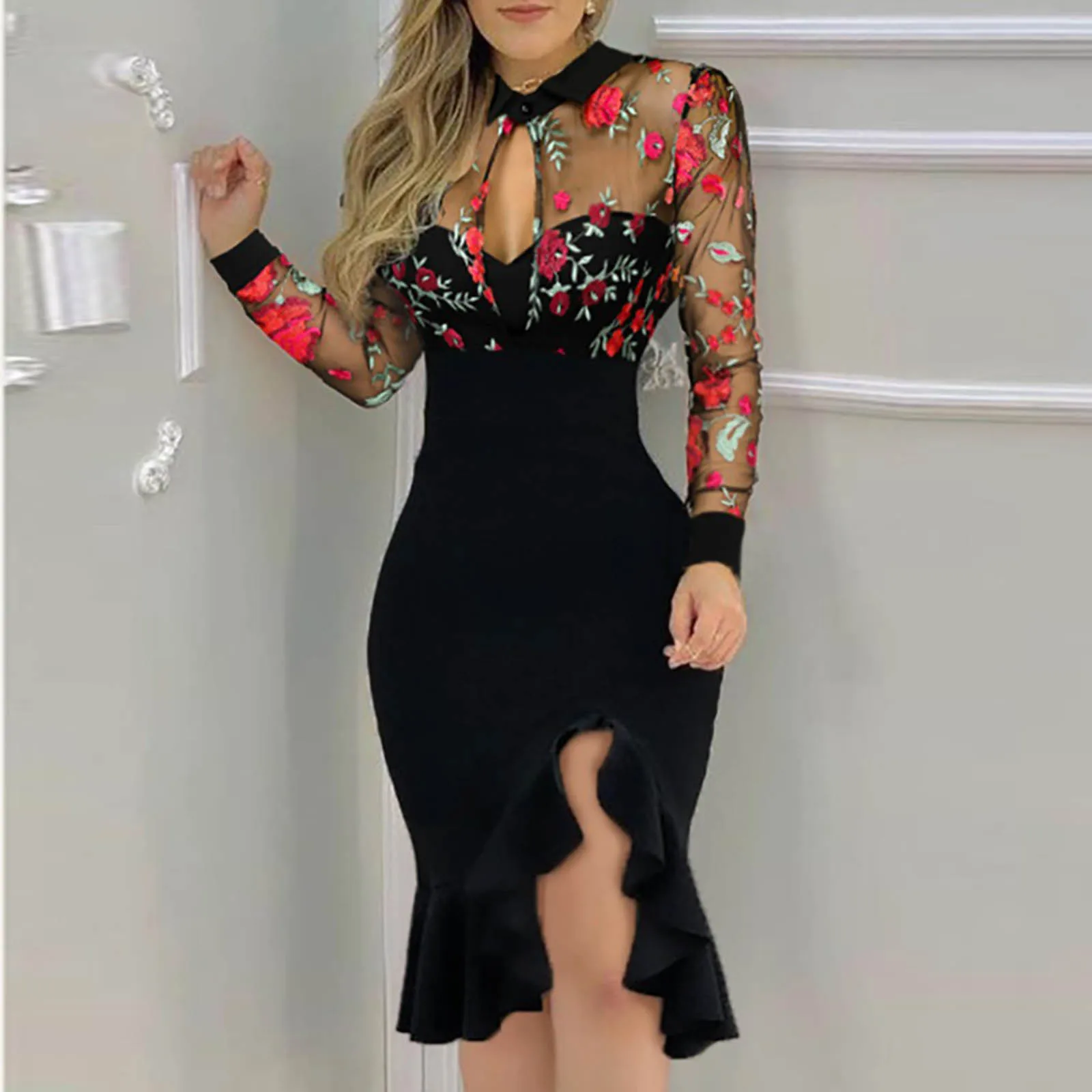 Woman Dress Slit Ruffles Hem Floral Pattern Slimming Lace Long Sleeve Dress Elegant Casual Vintage Party Dresses Vestido Mulher 1