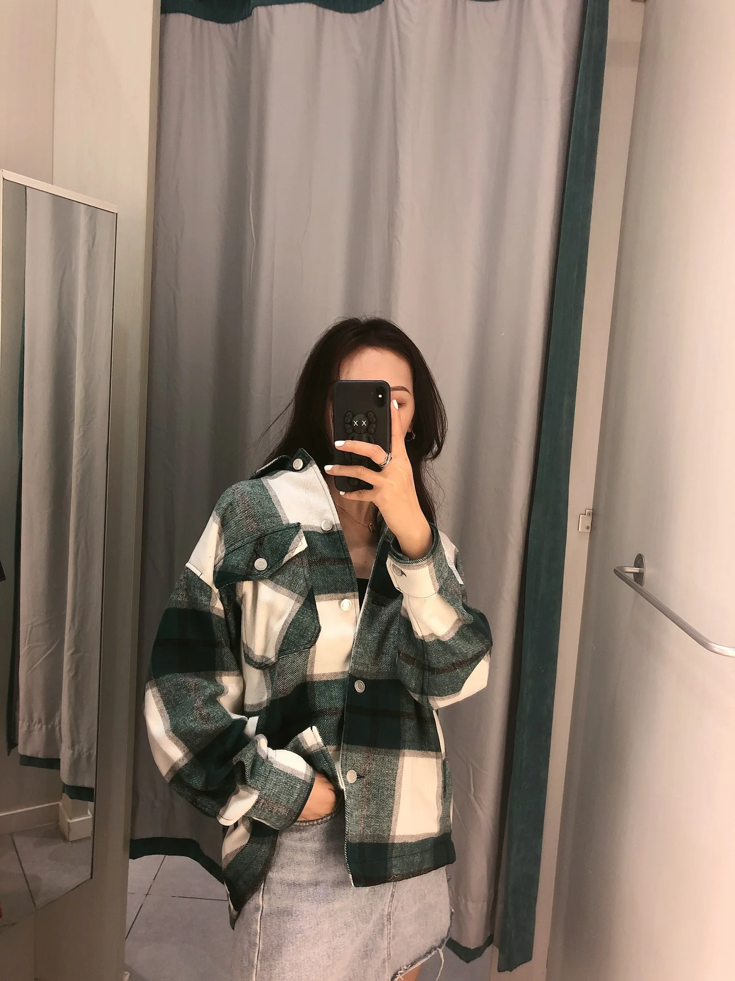 

Overplus of Goods Exported to Europe And US Women's Casual Green Plaid Coat Long Sleeve Shirt-Loose Version Shirt Jacket