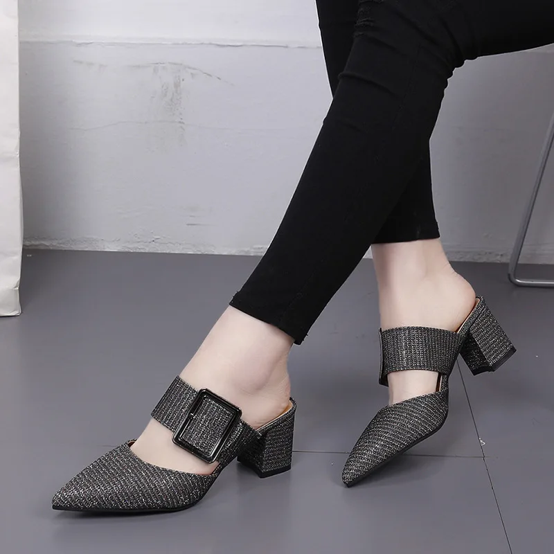 

WOMEN'S Shoes 2019 Summer New Style Korean-style Outer Wear Flip-flops Versatile Chunky Heel Pointed Closed-toe Slippers Women's