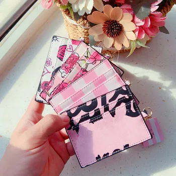 

Pink Stripe Credit Card Holder Leather Women Card Case ID Organizer Bank Card Cover