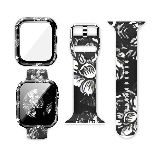 Case+Bands for Apple Watch Band 44 40 42 38mm with Screen Protector Cover, Glass+Silicon Wristband Strap for iWatch SE 654321 Black Rose