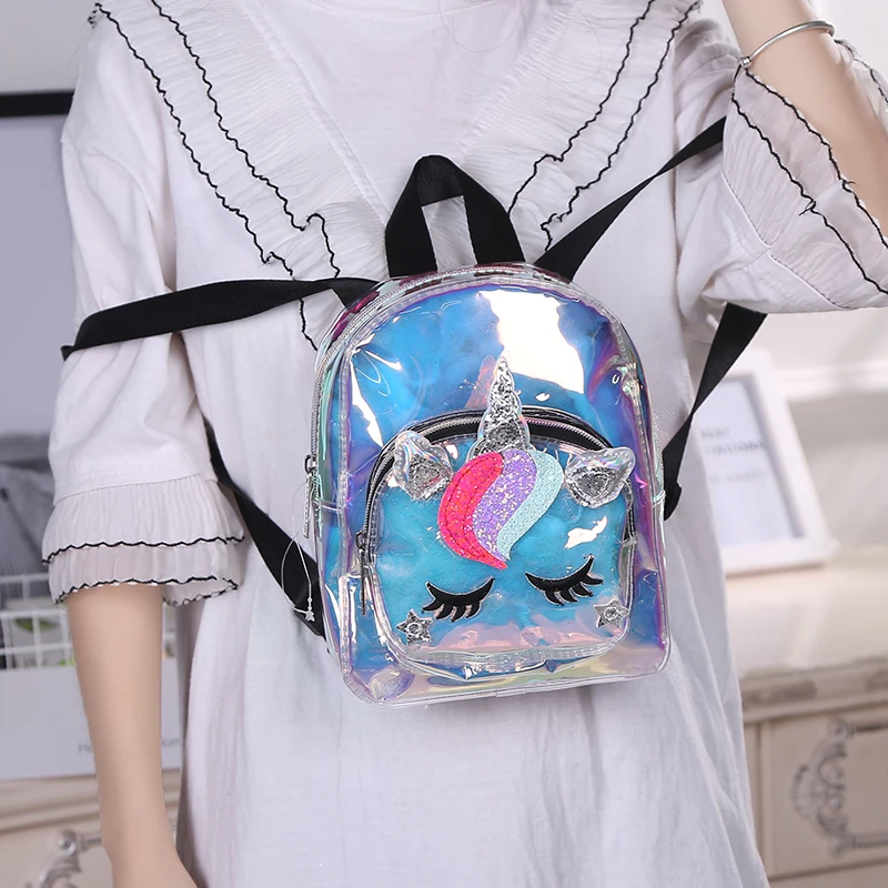 

Cartoon Rainbow Unicorn Transparent Backpack For Children Plush kindergarten Small SchoolBag Girls School Bags Mini Backpack