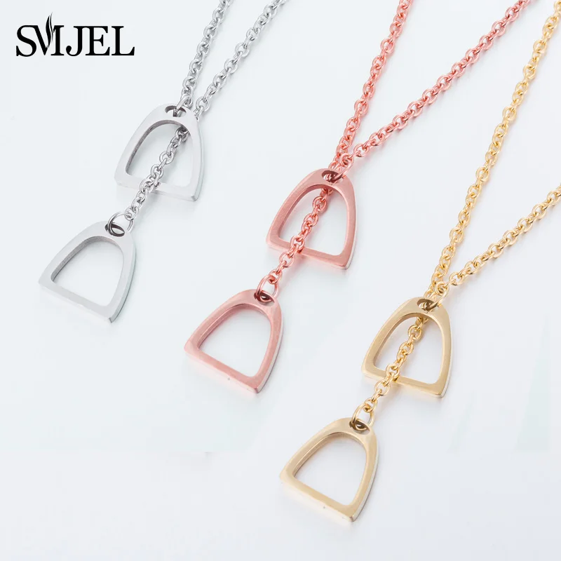 Simple Lucky Horseshoe Horse Necklaces Stainless Steel Double Horse Stirrup Necklaces & Pendants for Women Men Accessories Gift