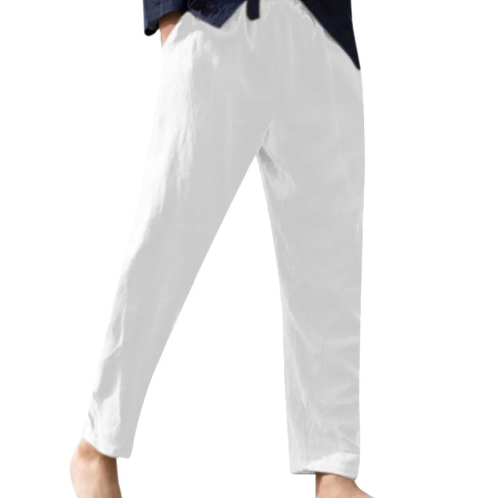 Мужские льняные Мужские штаны Летние повседневные брюки Широкие брюки повседневное хлопковое белье длинные брюки pantalones hombre - Цвет: White