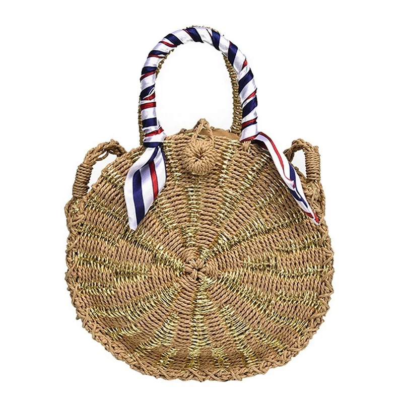 

ABZC-Round Straw Messenger Bag Ladies Vintage Handmade Handbag Circle Rattan Bag Bohemian Beach Bag Straw Bag (Dark Brown + gold