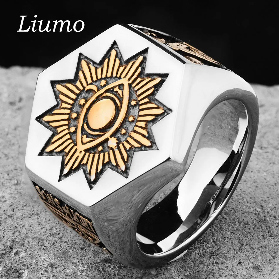 

Liumo Vintage Punk Style Gold Color Masonic Eye of God Sun Number 32 Man Zinc Alloy Biker Ring Lr1054