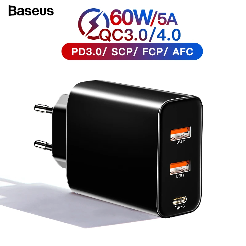 Online Baseus 60w de carga rápida 4,0 3,0 Multi cargador USB para iPhone Samsung iPad Macbook Pro SCP QC4.0 QC3.0 QC tipo C de cargador rápido