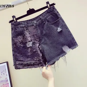 

LYFZOUS Women Shorts Hole Tassel Wide Leg High Waist Denim Shorts 2020 New Slim All-match Sequins Jeans Shorts Free Shipping